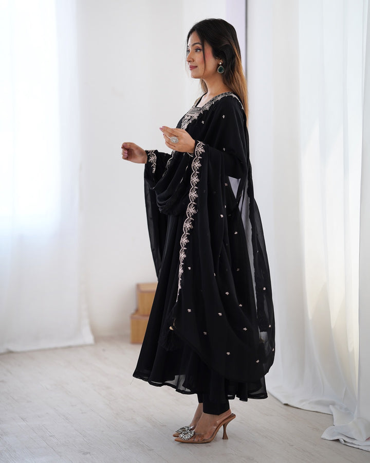 Black Georgette Anarkali Set with Pants & Dupatta