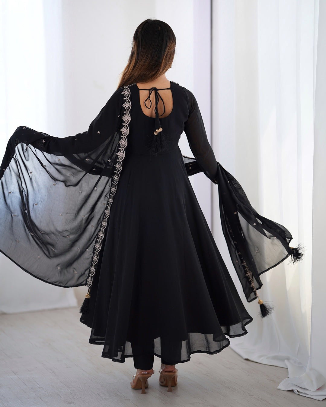 Black Georgette Anarkali Set with Pants & Dupatta