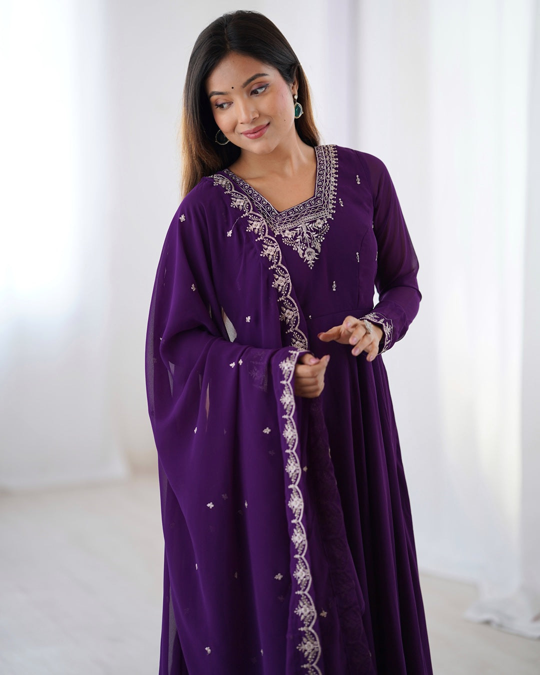 Purple Georgette Anarkali Set with Pants & Dupatta