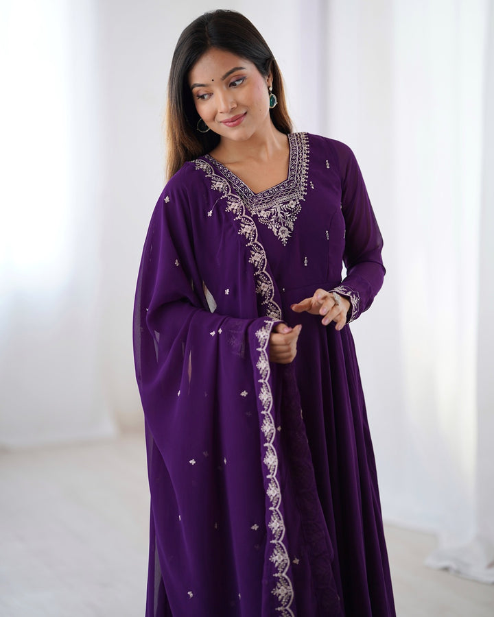 Purple Georgette Anarkali Set with Pants & Dupatta