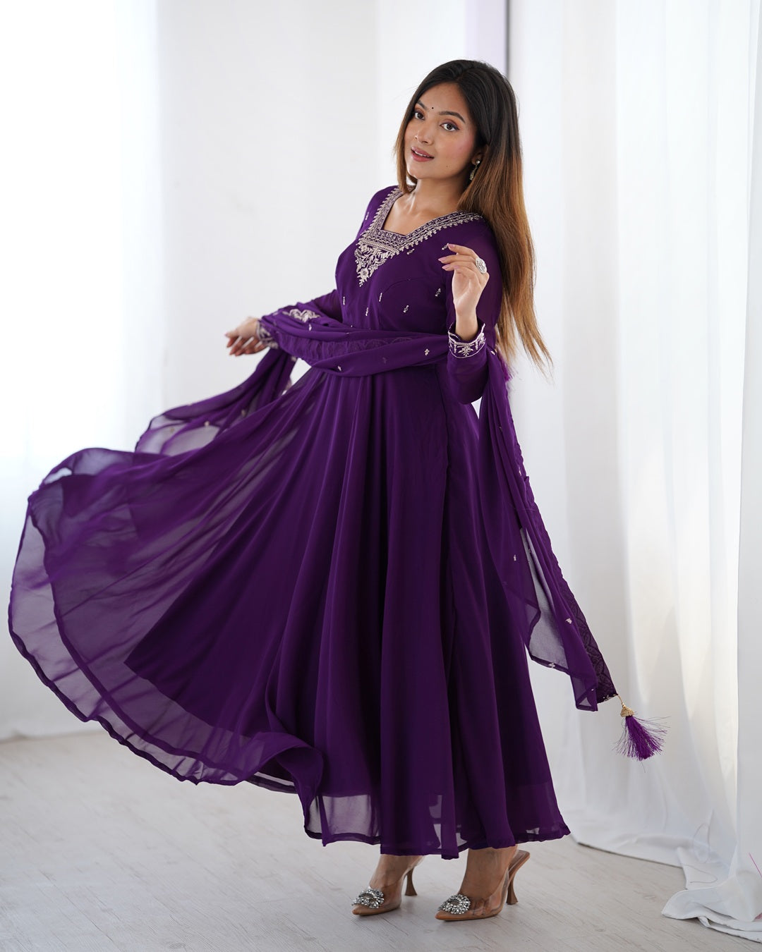 Purple Georgette Anarkali Set with Pants & Dupatta