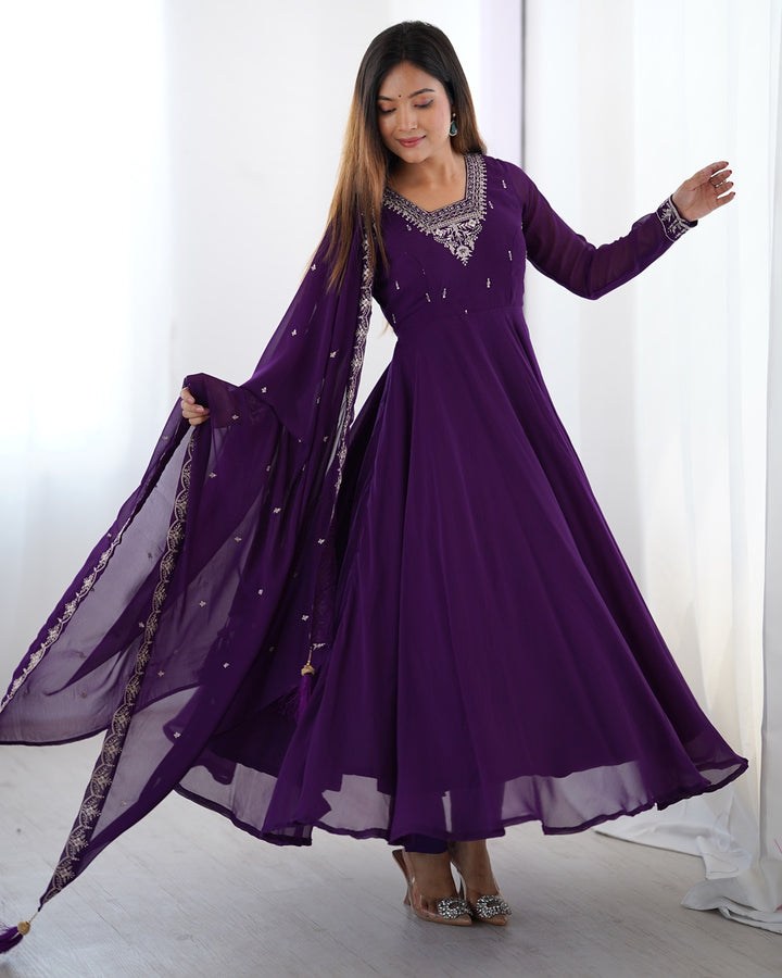 Purple Georgette Anarkali Set with Pants & Dupatta
