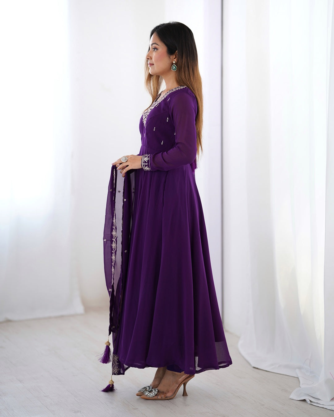 Purple Georgette Anarkali Set with Pants & Dupatta