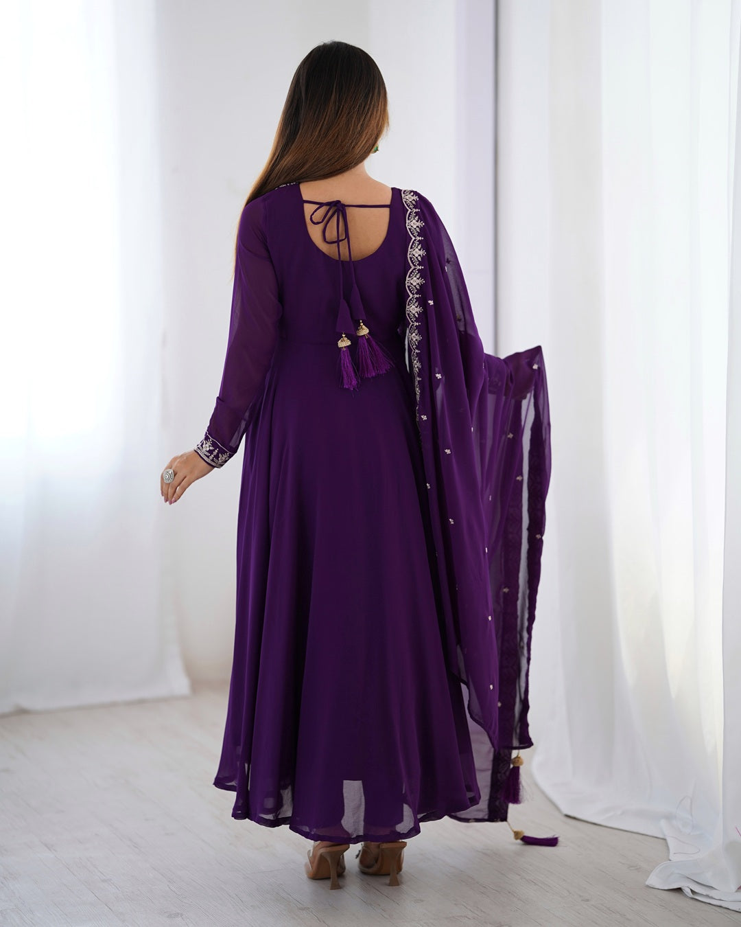 Purple Georgette Anarkali Set with Pants & Dupatta