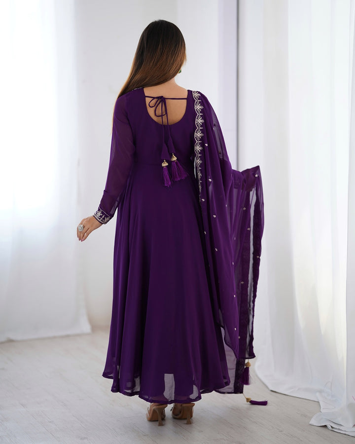 Purple Georgette Anarkali Set with Pants & Dupatta