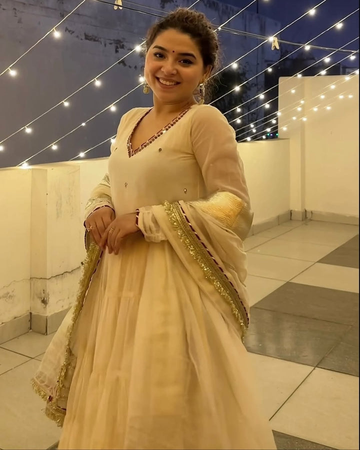 Ivory (Pearl White) Vichitra Silk Anarkali with Heavy 9mm Sequins & Thread Work