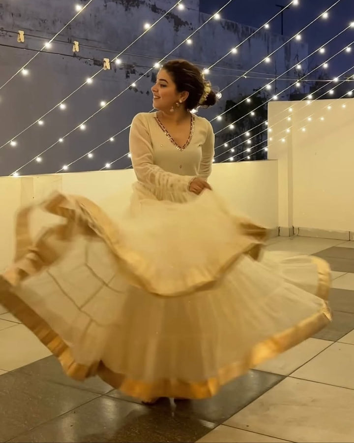 Ivory (Pearl White) Vichitra Silk Anarkali with Heavy 9mm Sequins & Thread Work