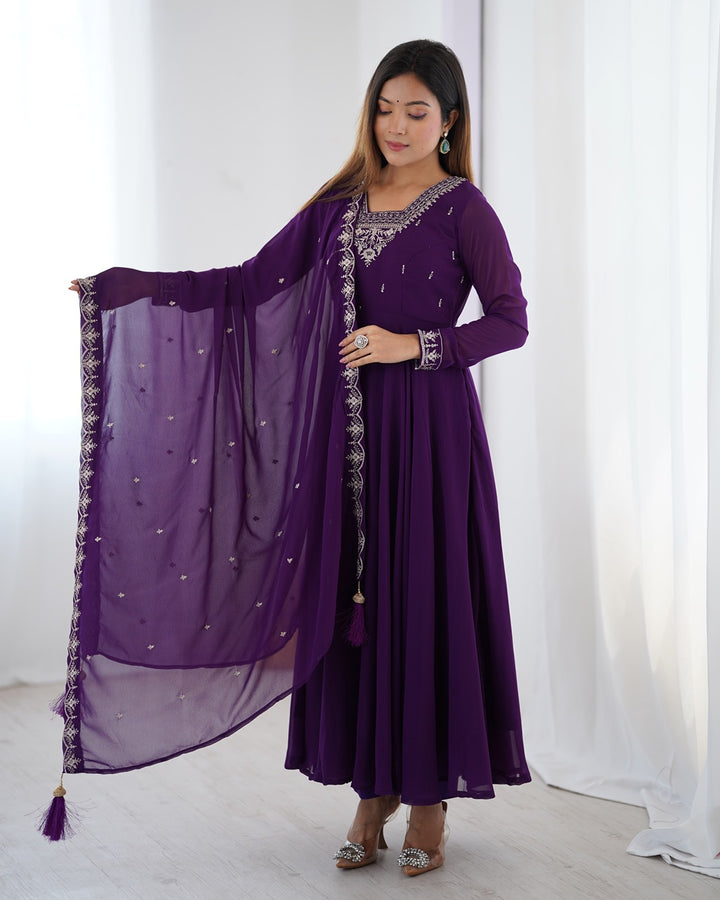Purple Georgette Anarkali Set with Pants & Dupatta