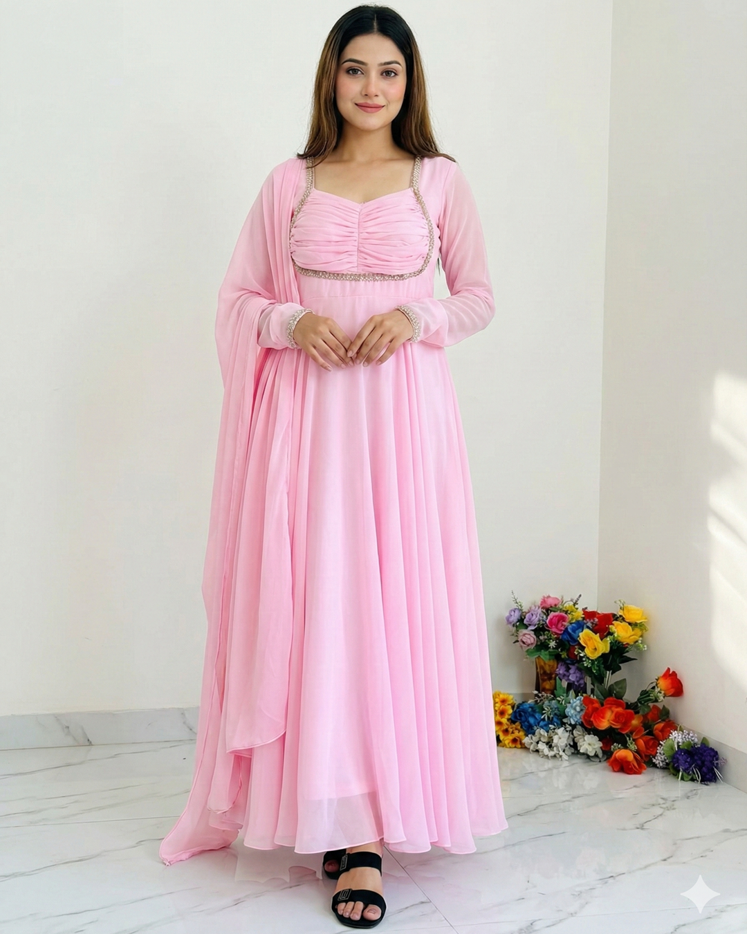 Baby Pink Party Wear Faux Georgette Anarkali with Dupatta & Pant