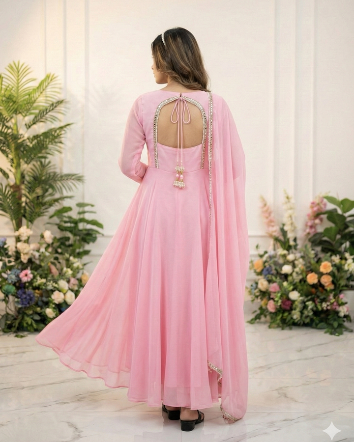 Baby Pink Party Wear Faux Georgette Anarkali with Dupatta & Pant