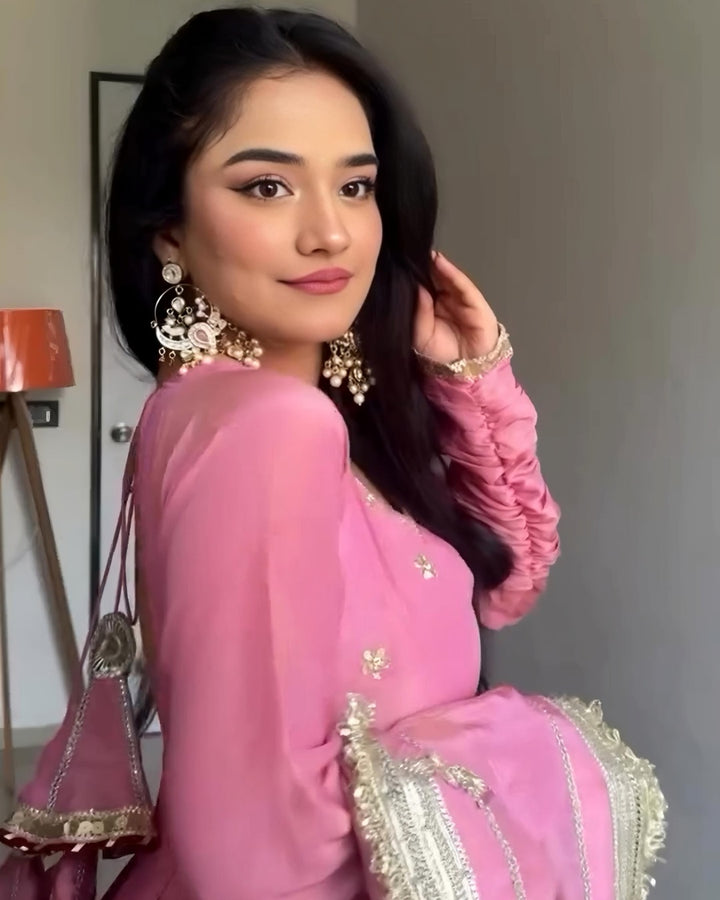 Blush Radiance: Pink Chinon Silk with Zari & Sequin Elegance