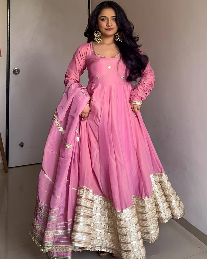 Blush Radiance: Pink Chinon Silk with Zari & Sequin Elegance