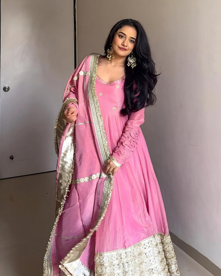 Blush Radiance: Pink Chinon Silk with Zari & Sequin Elegance