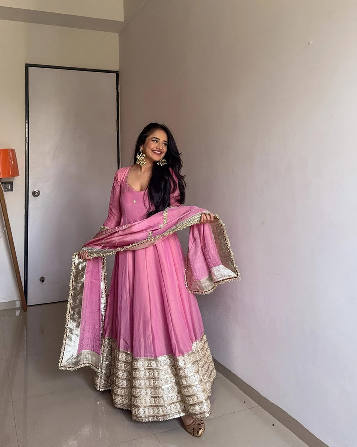 Blush Radiance: Pink Chinon Silk with Zari & Sequin Elegance