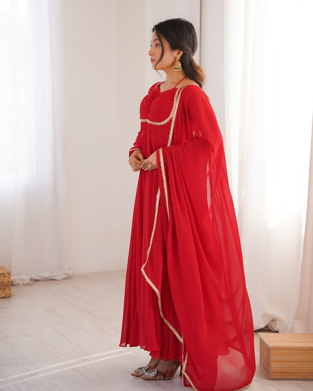 Red Pure Blooming Georgette Anarkali Gown | Elegant Festive & Wedding Wear