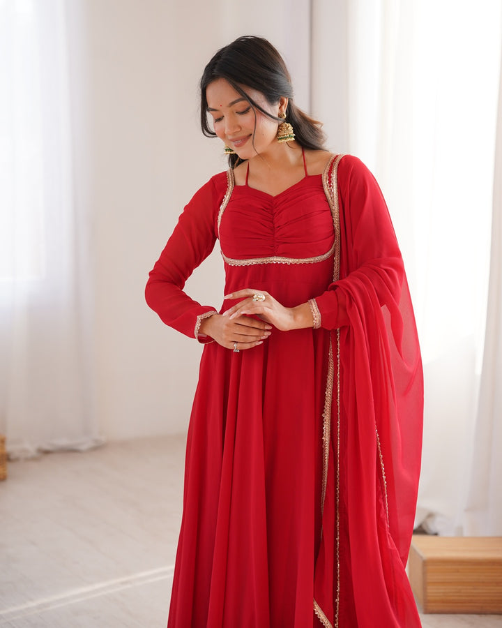 Red Pure Blooming Georgette Anarkali Gown | Elegant Festive & Wedding Wear