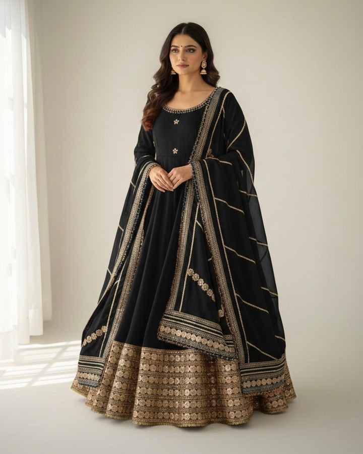 Elegant Black Chinon Anarkali Suit Set with Dupatta – Festive Party Wear Designer Outfit