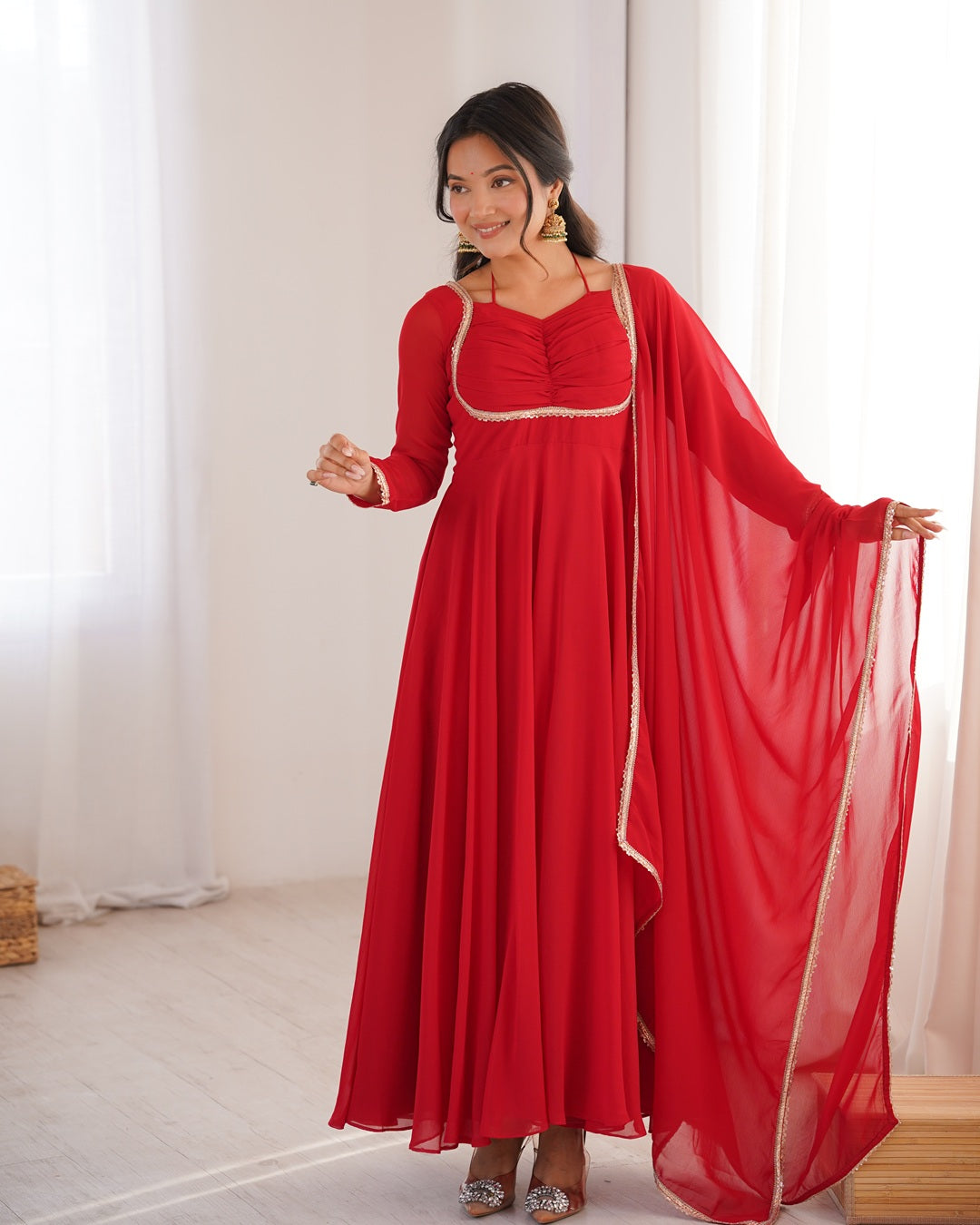 Red Pure Blooming Georgette Anarkali Gown | Elegant Festive & Wedding Wear