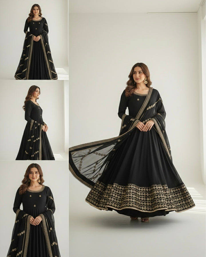 Elegant Black Chinon Anarkali Suit Set with Dupatta – Festive Party Wear Designer Outfit