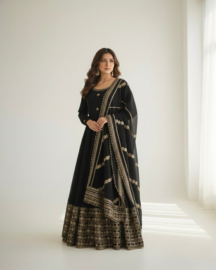 Elegant Black Chinon Anarkali Suit Set with Dupatta – Festive Party Wear Designer Outfit