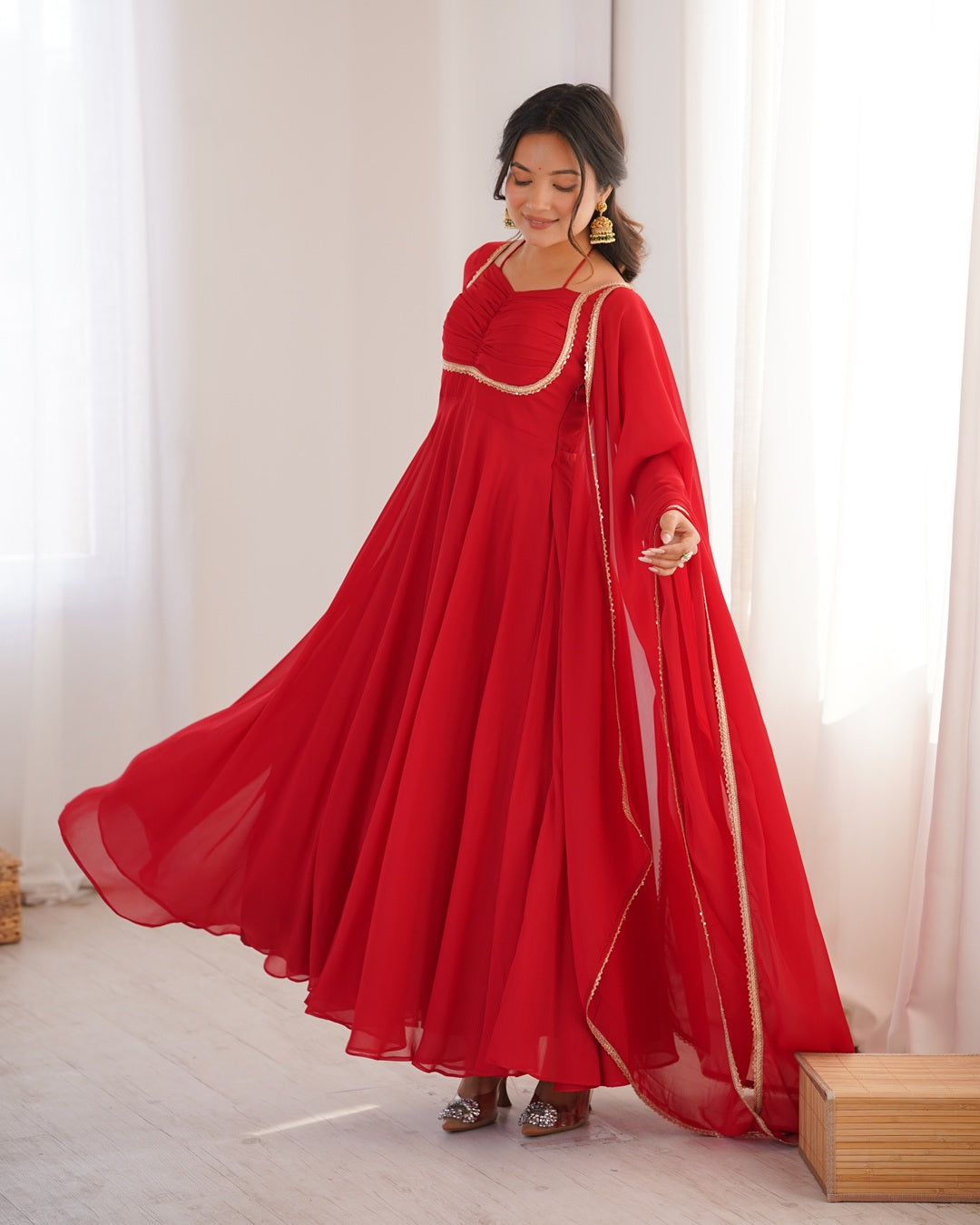 Red Pure Blooming Georgette Anarkali Gown | Elegant Festive & Wedding Wear