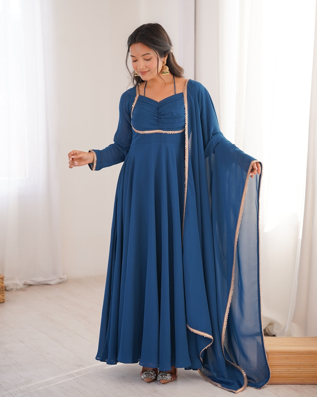Teal Blue Pure Blooming Georgette Anarkali Gown | Elegant Festive & Wedding Wear