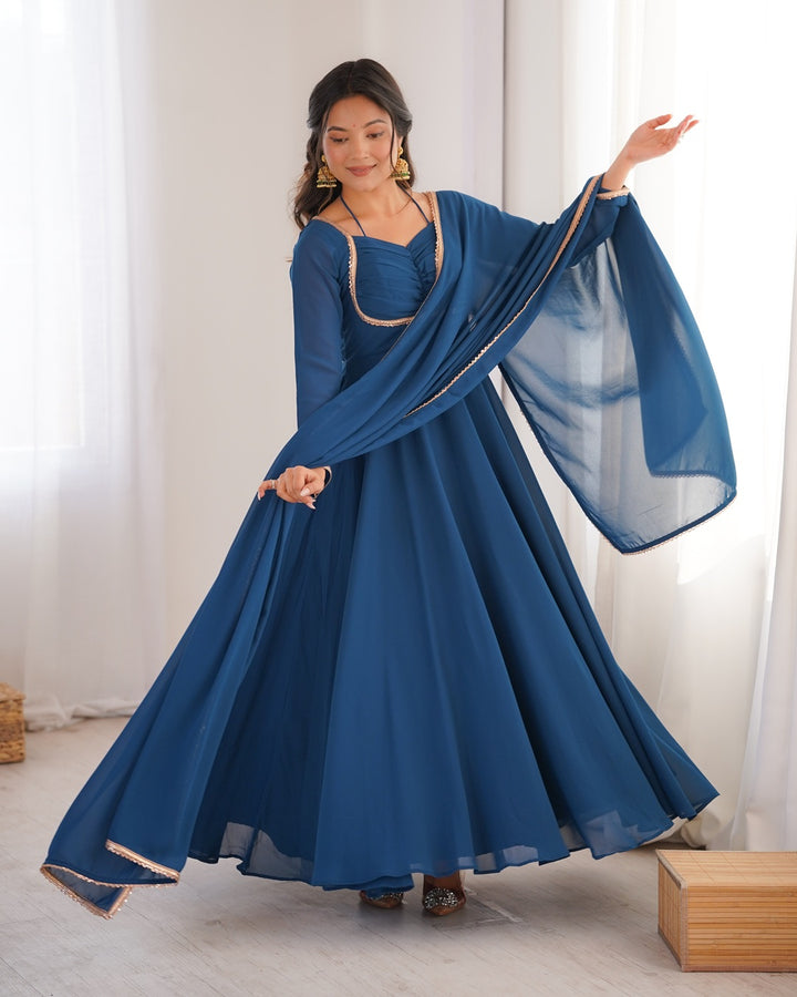 Teal Blue Pure Blooming Georgette Anarkali Gown | Elegant Festive & Wedding Wear