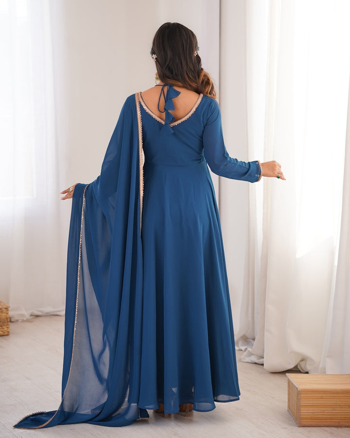 Teal Blue Pure Blooming Georgette Anarkali Gown | Elegant Festive & Wedding Wear