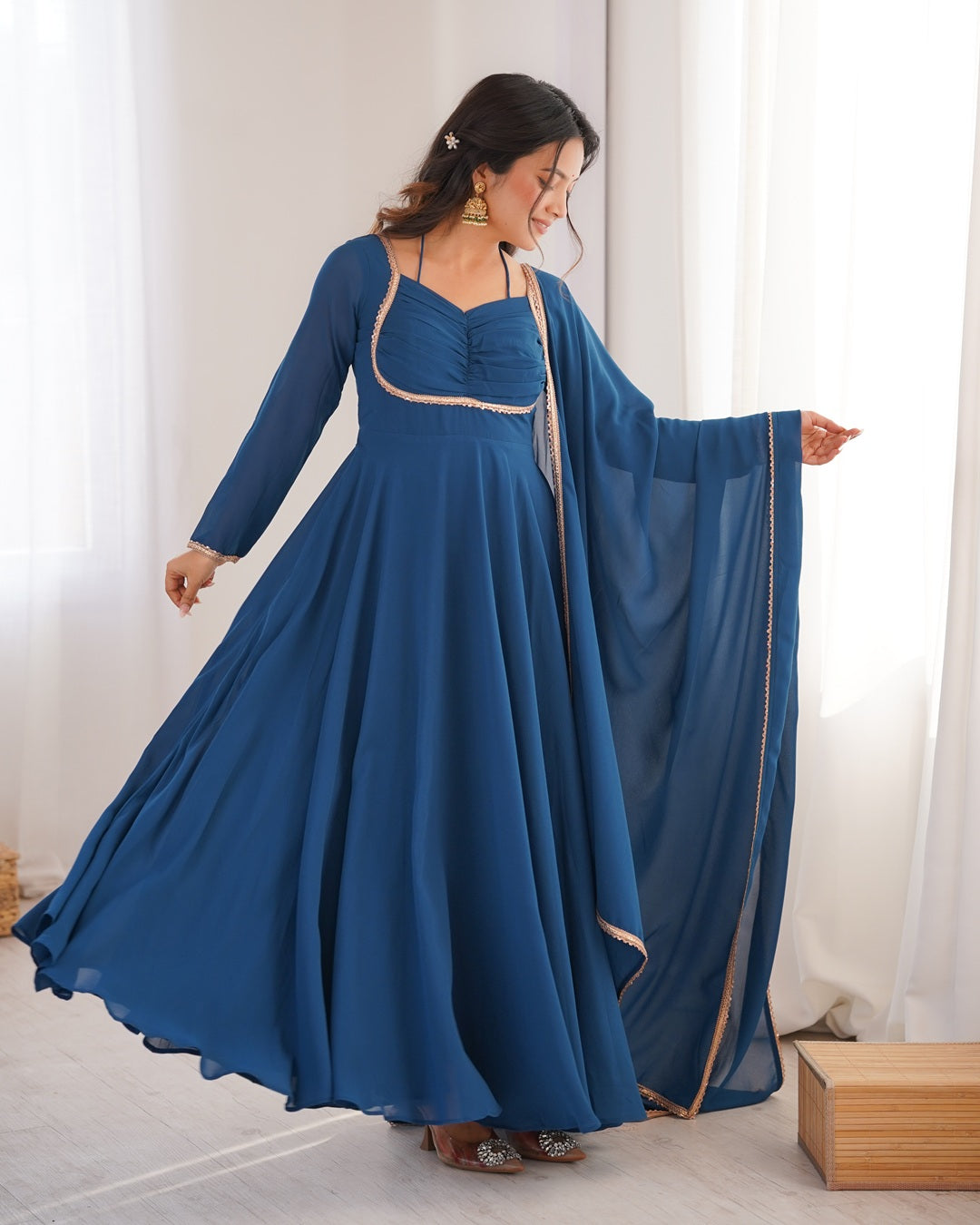 Teal Blue Pure Blooming Georgette Anarkali Gown | Elegant Festive & Wedding Wear