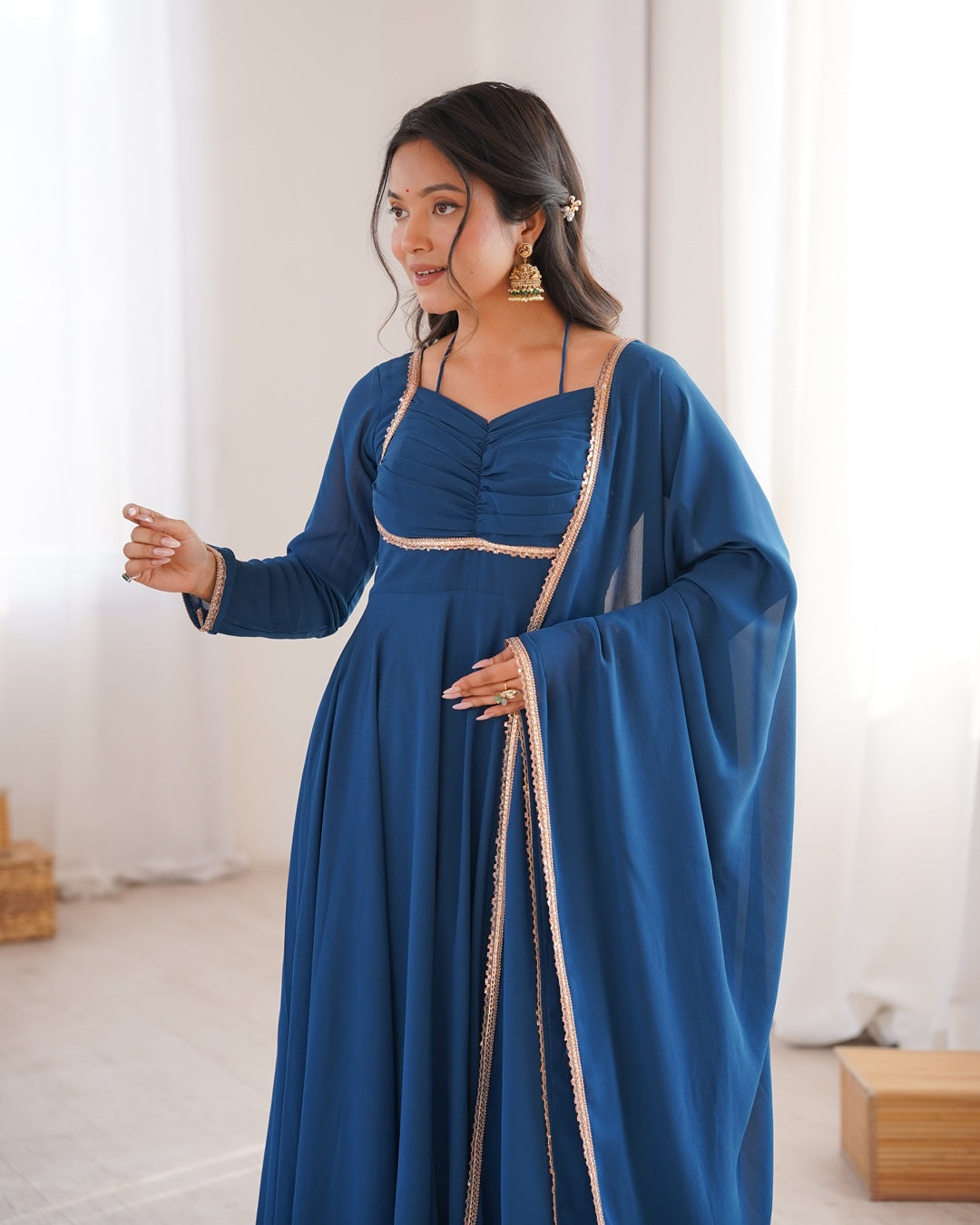 Teal Blue Pure Blooming Georgette Anarkali Gown | Elegant Festive & Wedding Wear