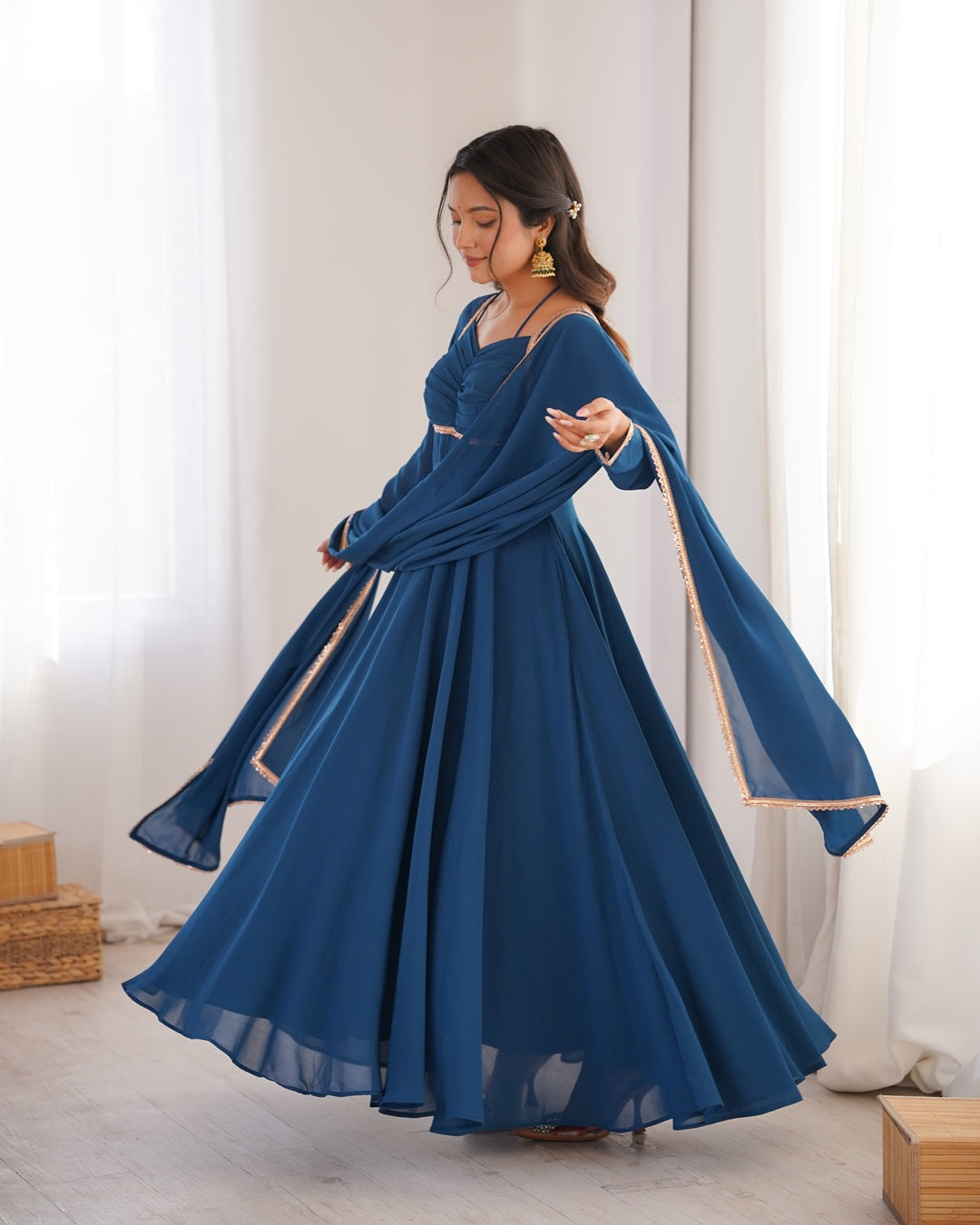 Teal Blue Pure Blooming Georgette Anarkali Gown | Elegant Festive & Wedding Wear