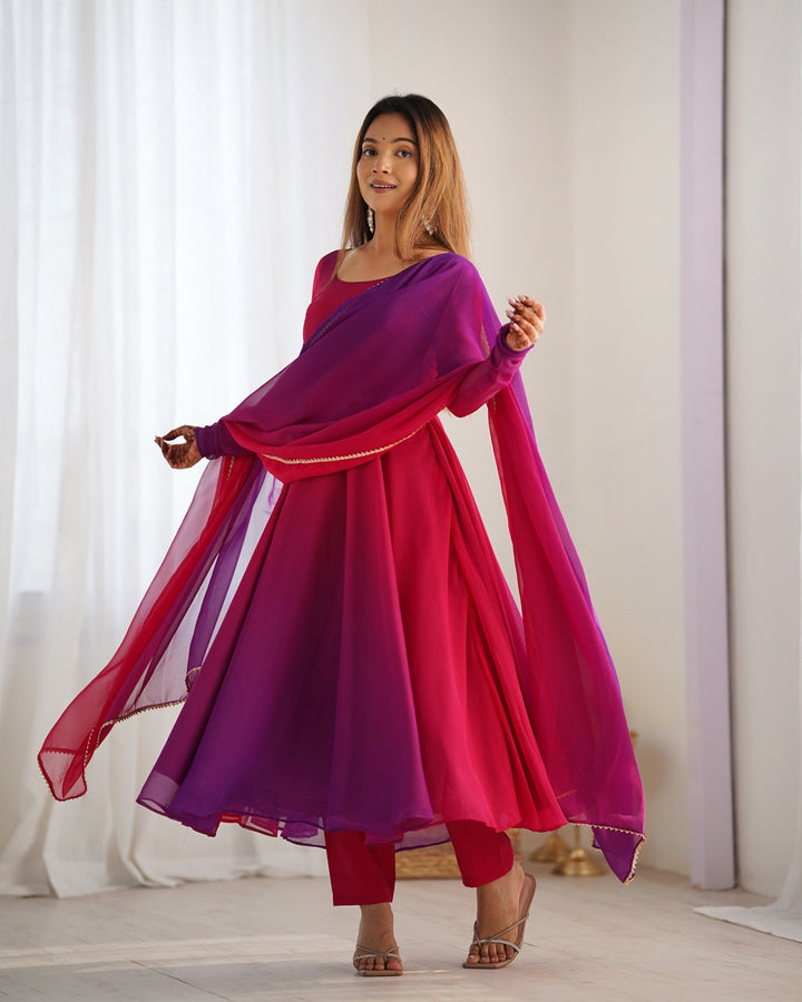 Dark Pink & Purple Shaded Fox Georgette Three Piece Anarkali Suit