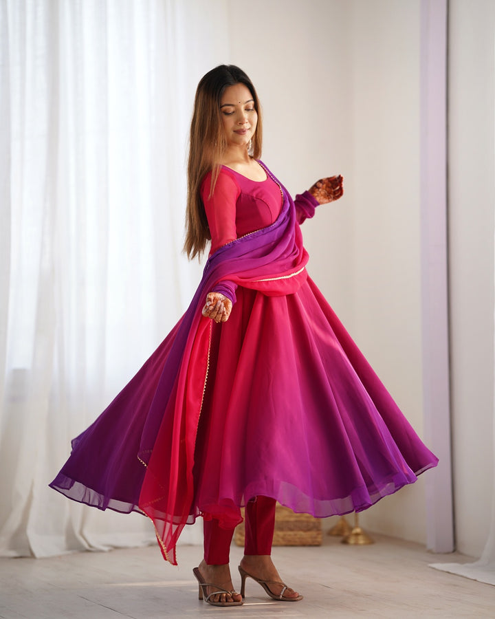 Dark Pink & Purple Shaded Fox Georgette Three Piece Anarkali Suit