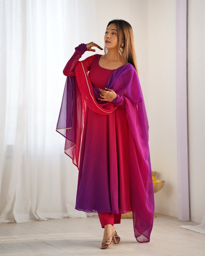 Dark Pink & Purple Shaded Fox Georgette Three Piece Anarkali Suit