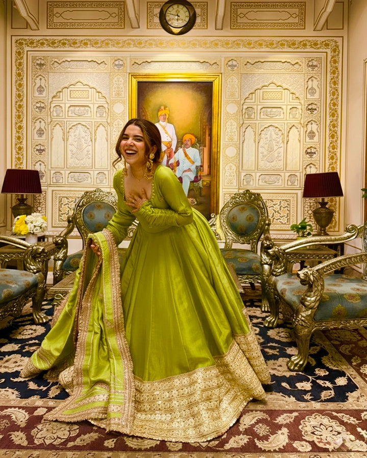 Neha Bhandari Elegant Olive Green Chinon Anarkali Suit Set – Festive Designer Wear