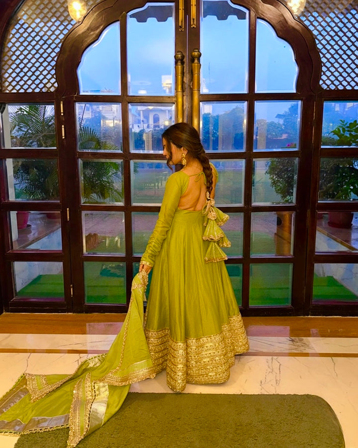 Neha Bhandari Elegant Olive Green Chinon Anarkali Suit Set – Festive Designer Wear