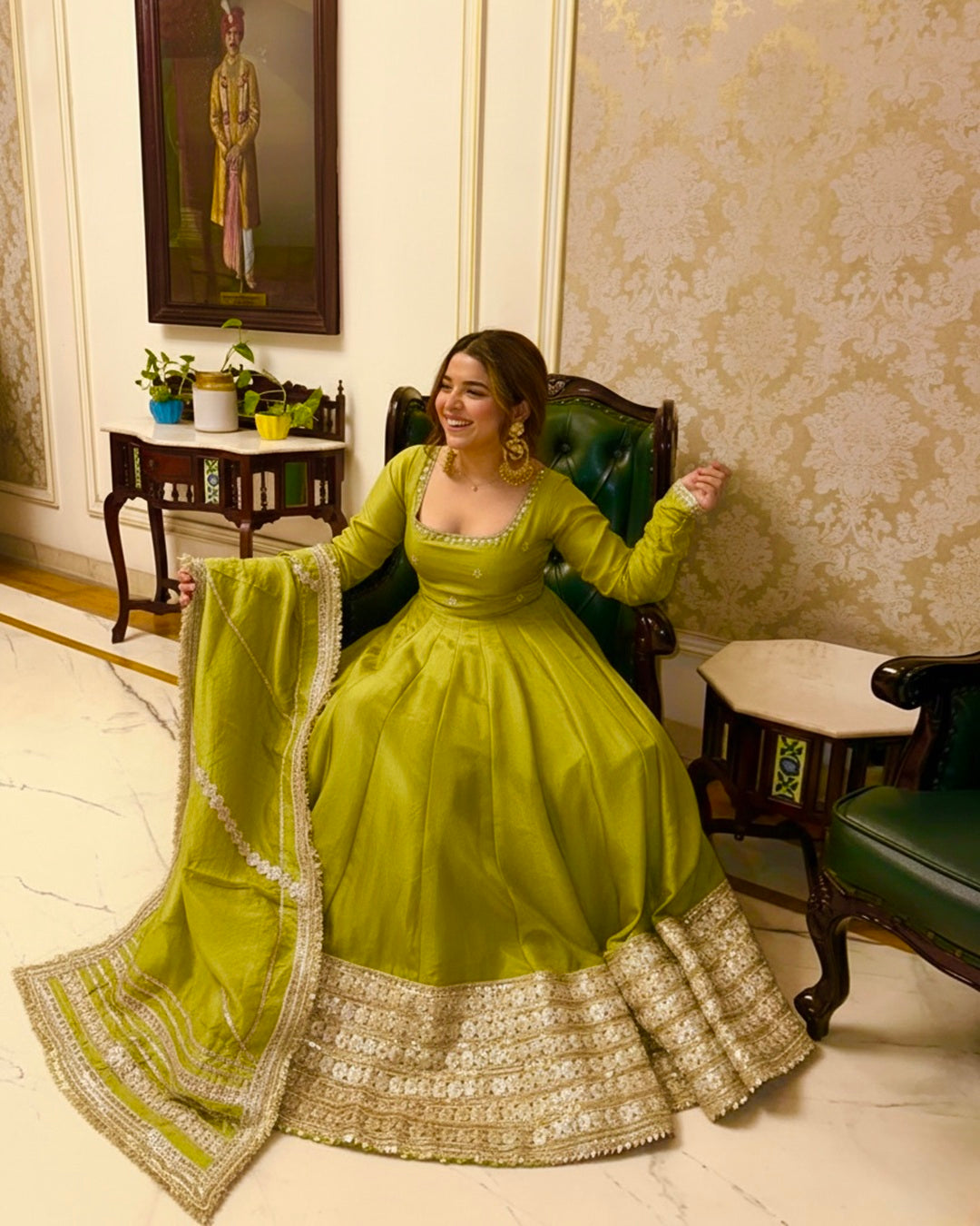 Neha Bhandari Elegant Olive Green Chinon Anarkali Suit Set – Festive Designer Wear