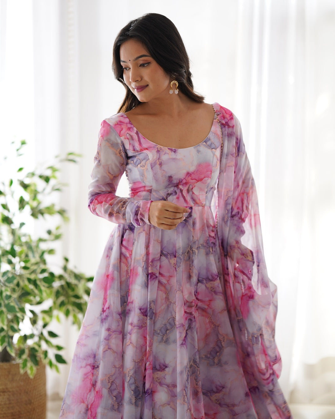 Printed Pink And White Kali Pattern Organza Silk Three-Piece Anarkali Suit