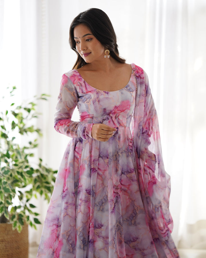 Printed Pink And White Kali Pattern Organza Silk Three-Piece Anarkali Suit
