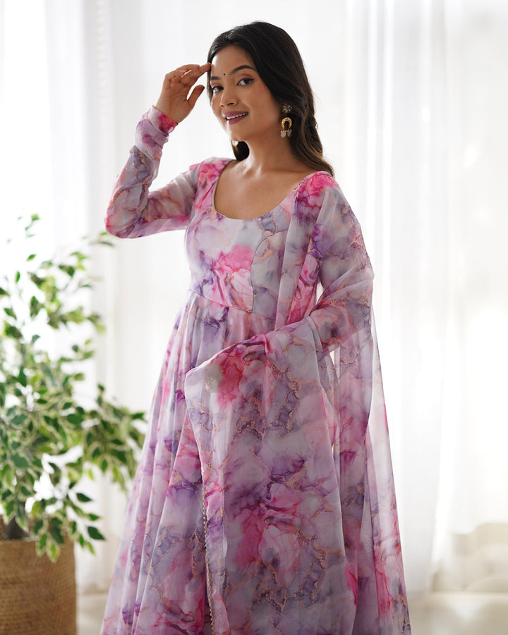 Printed Pink And White Kali Pattern Organza Silk Three-Piece Anarkali Suit
