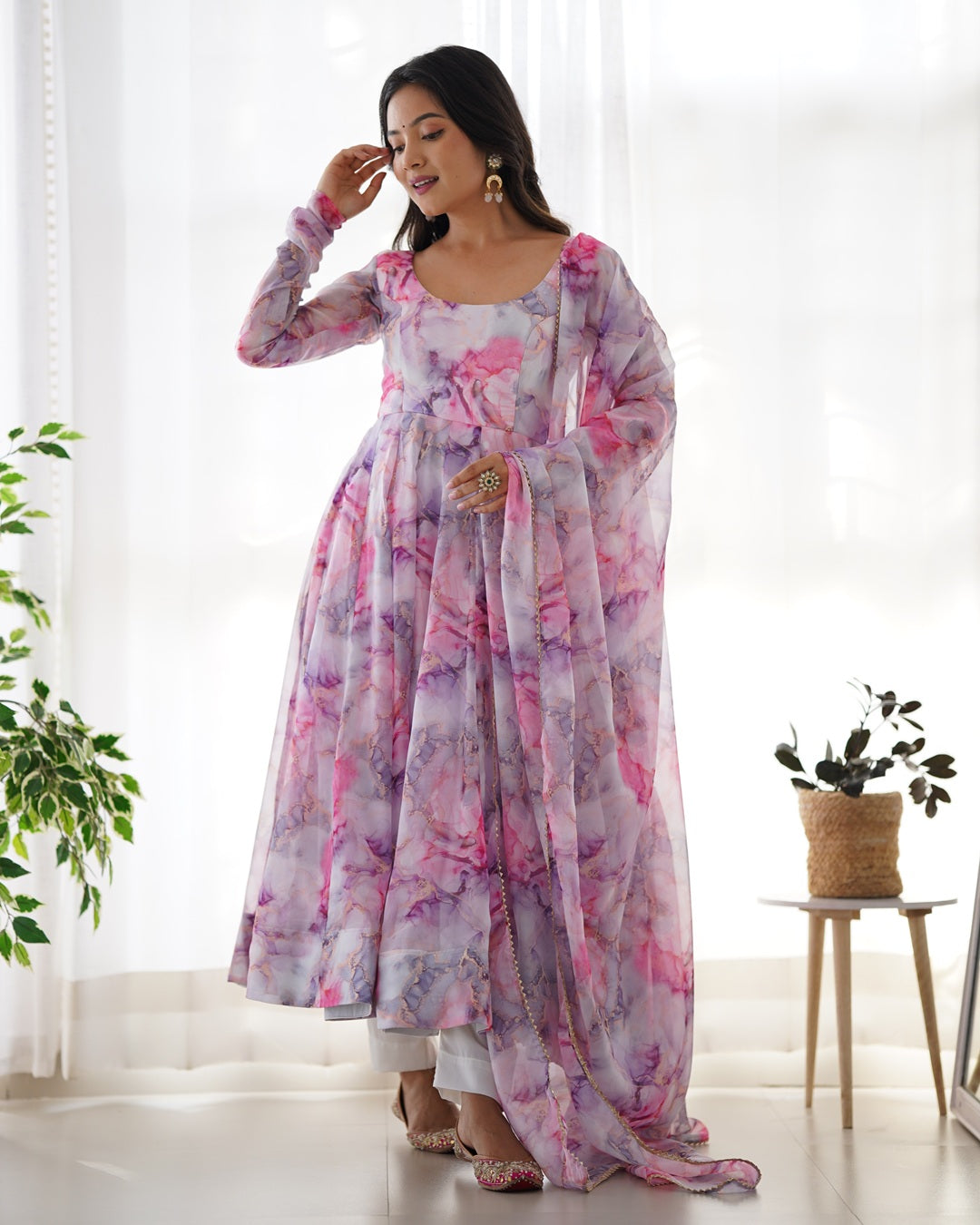 Printed Pink And White Kali Pattern Organza Silk Three-Piece Anarkali Suit