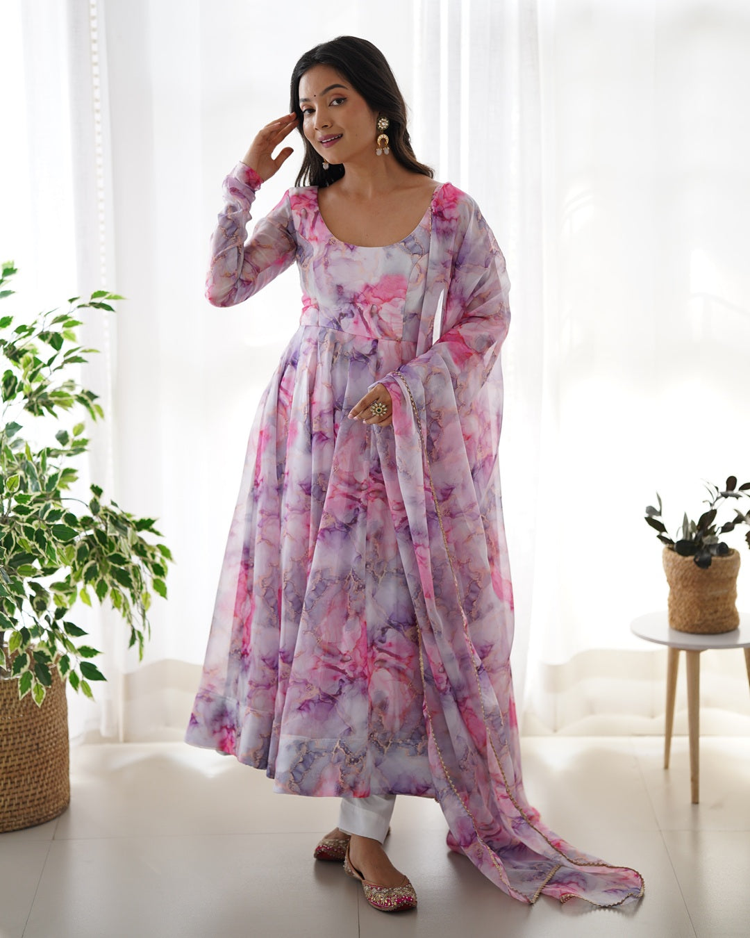 Printed Pink And White Kali Pattern Organza Silk Three-Piece Anarkali Suit