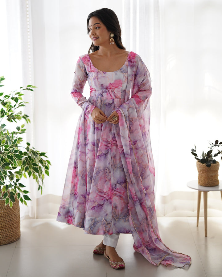Printed Pink And White Kali Pattern Organza Silk Three-Piece Anarkali Suit