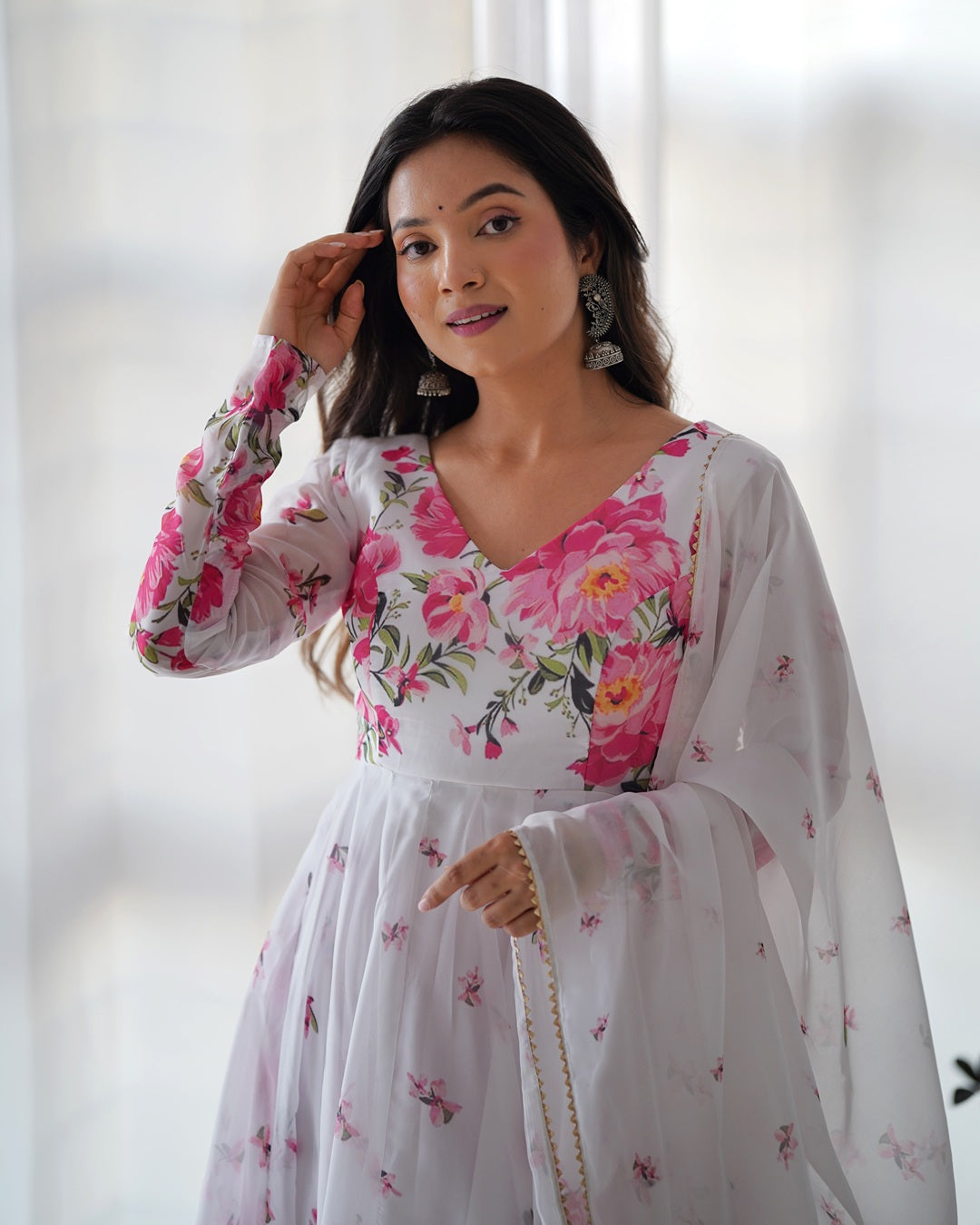 White Organza Silk Floral Print Three Piece Anarkali Suit