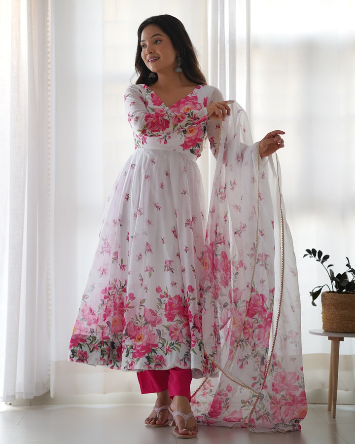 White Organza Silk Floral Print Three Piece Anarkali Suit