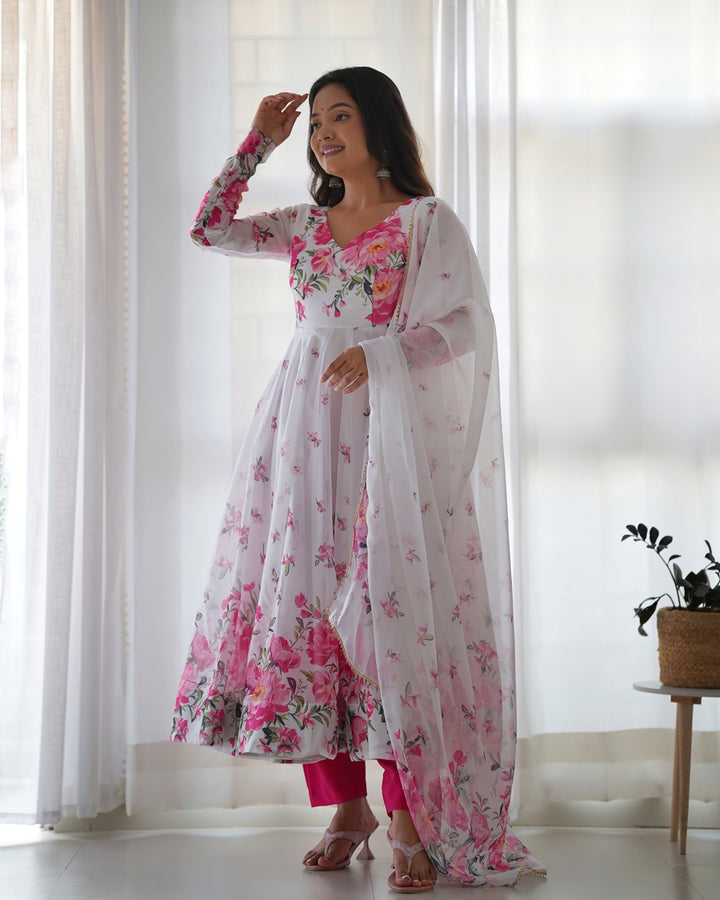 White Organza Silk Floral Print Three Piece Anarkali Suit