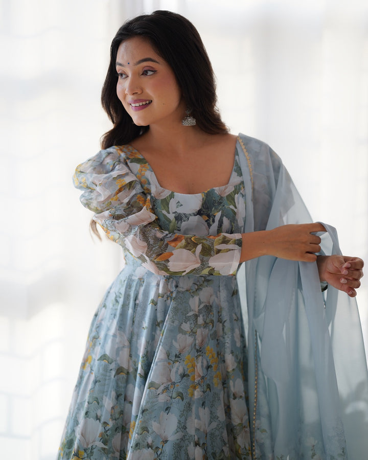 Floral Grace – Pure Organza Silk Kali Set with Dupatta & Pant
