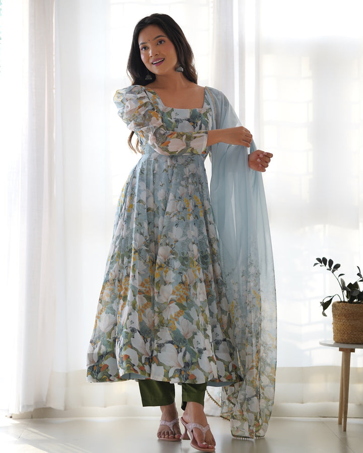 Floral Grace – Pure Organza Silk Kali Set with Dupatta & Pant