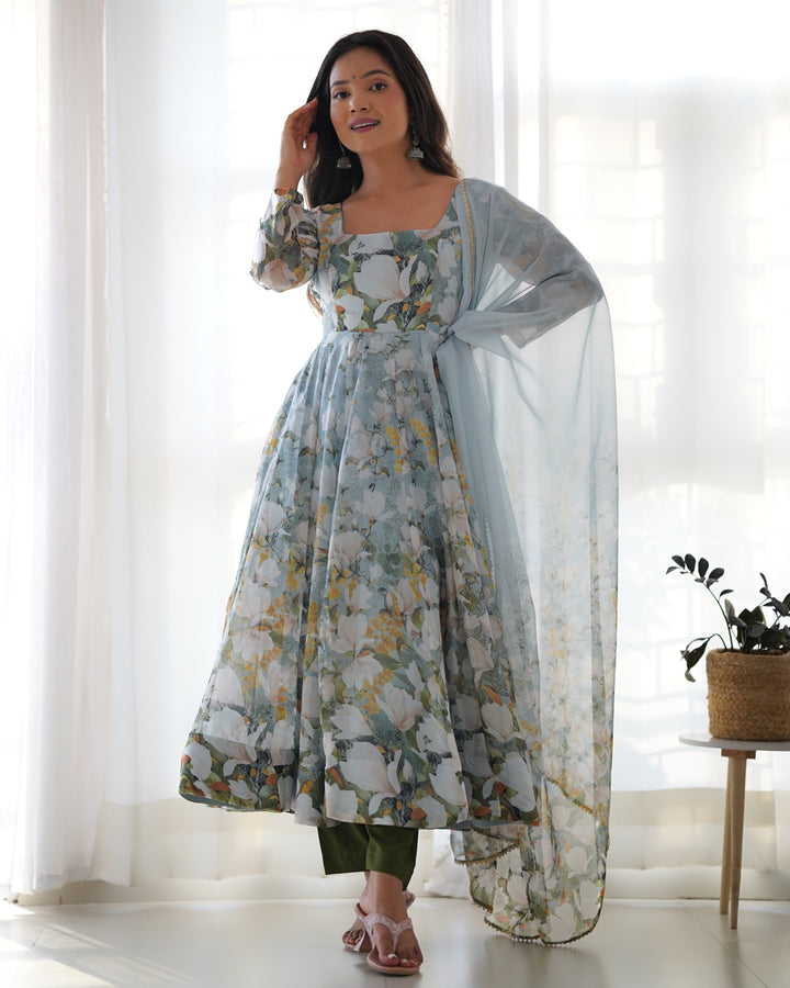 Floral Grace – Pure Organza Silk Kali Set with Dupatta & Pant