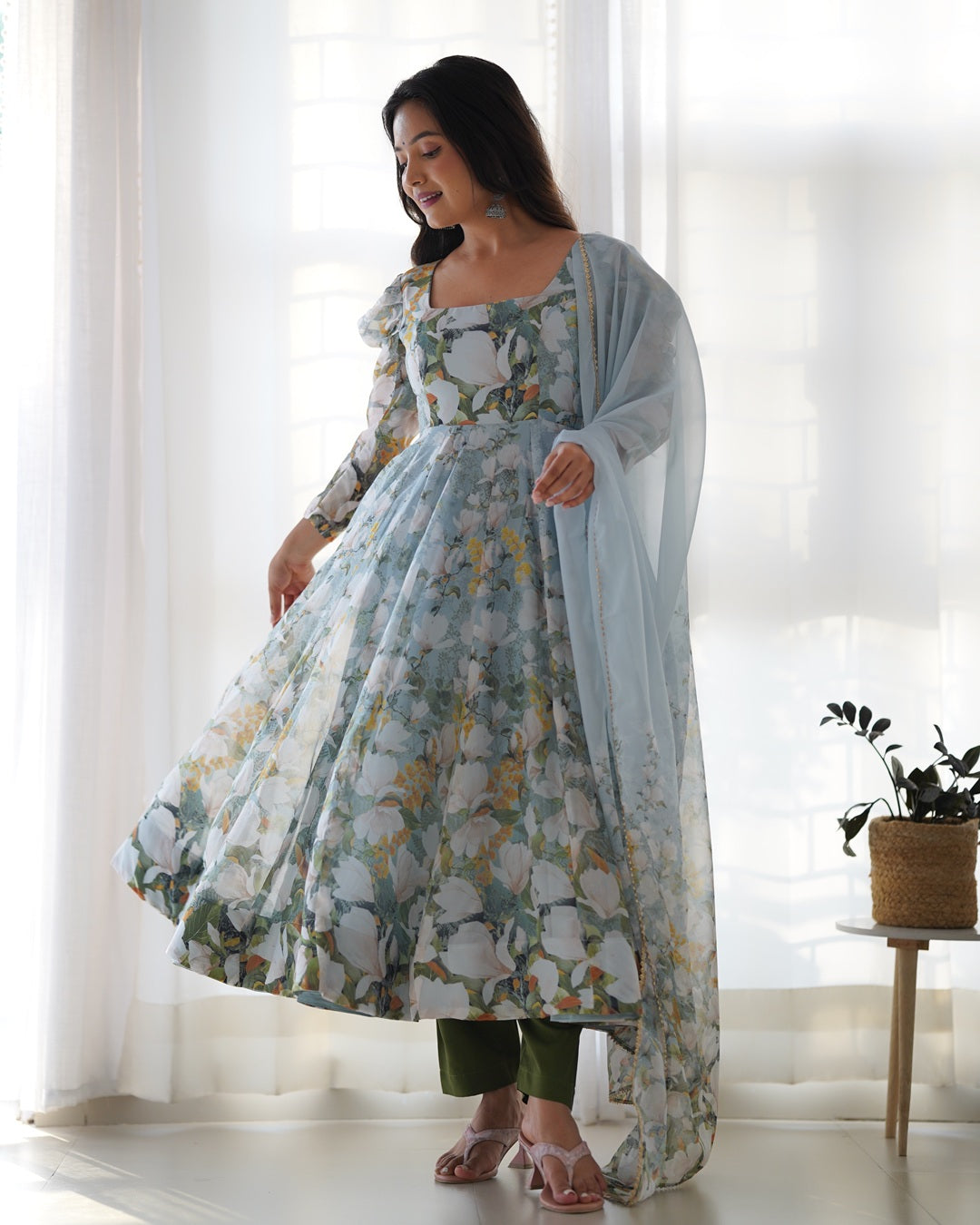 Floral Grace – Pure Organza Silk Kali Set with Dupatta & Pant